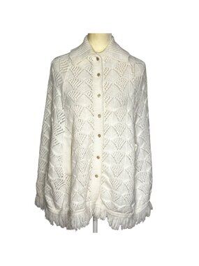 Vintage Crochet Cape White Fringe Boho Cottagecore Festival Shawl OSFM